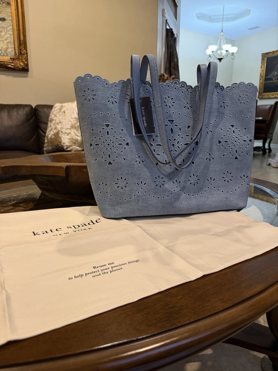Kate Spade Large Blue Perforated Cutout Denim Tote Bag Do It All