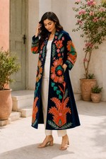 Velvet Suzani Jacket, Bohemian Duster, Women Wear Long Jacket Outwear Coat Blue