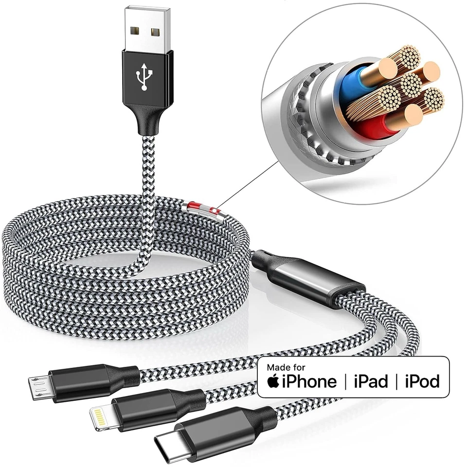 Multi Charging Cable 4Ft 3Pack 3 in 1 Charger Cord, Multiple Rapid Nylon Braided - Image 4 of 4