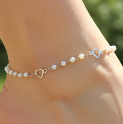 Elegant Heart Charm Pearl Anklet Modern Silver Tone Handmade Jewelry Gift