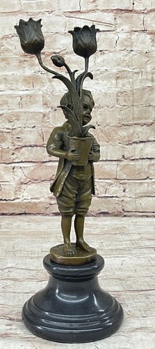 Art Deco Bronze Statue - Young Boy Holding Tulip Vase Candle Holder Figure Art - 第 4/10 張圖片