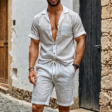 Summer Men Outfit 2-Piece Set Short Sleeve Shirt and Shorts Casual Sweatsuit Set