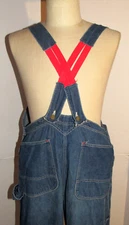 VTG BLUE BELL SANFORIZED BLUE DENIM BIB OVERALLS! BUTTON FLY! RED STRAPS! 38x25