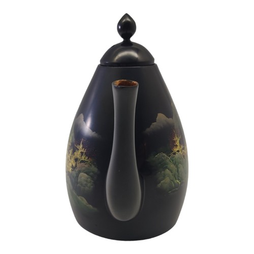 Vintage Hand Painted Black Gold Lacquer Japanese Tea Pot - Picture 3 of 10