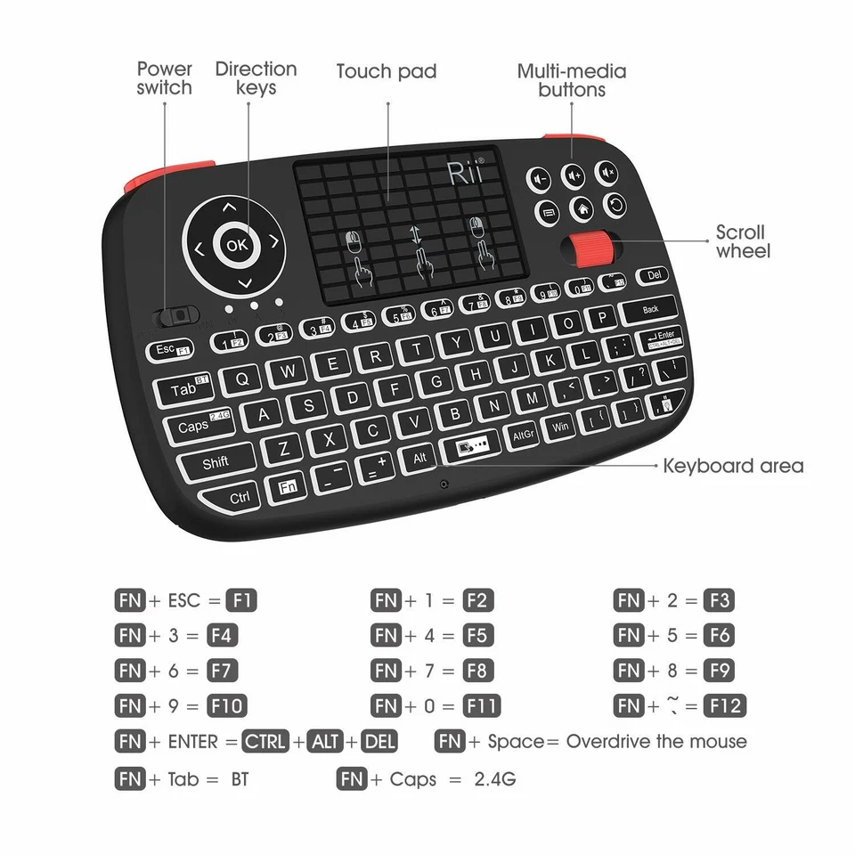  Rii i4 (Bluetooth + 2.4GHz) Blacklit Portable Mini Keyboard with Scroll wheel - Image 3 of 4