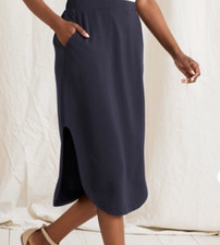 GARNET HILL Easy Knit Skirt M Tencel Stretch Side Slit Navy Blue