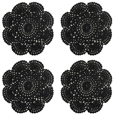 8 Inch Doilies Crochet Round Lace Black Handmade Cotton Coasters, Pack Of 4