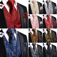 Hi-Tie Mens Waistcoats Wedding Casual Vest Necktie Hankie Cufflinks Set