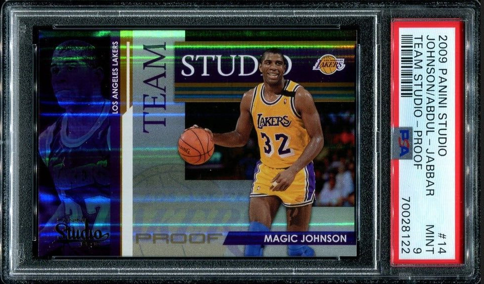 PSA 9 MINT 2009 PANINI STUDIO TEAM PROOF MAGIC JOHNSON KAREEM #14 LAKERS /199
