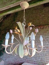 FRENCH TOLE WARE CHANDELIER LGE 5 BRANCH PINK & YELLOW TULIPS CEILING LIGHT LAMP