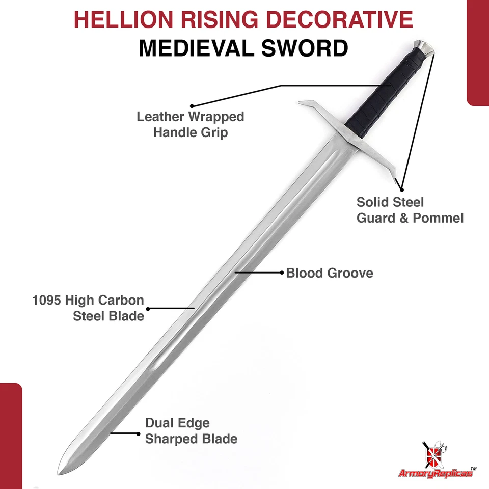 Espada medieval decorativa de alto carbono Hellion Rising 1095 mango envolvente de cuero Foto 3 de 4