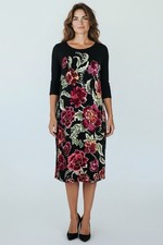 New Chico's Travelers Heritage Floral Black Red LS Dress Wrinkle Resistant 2 Lg