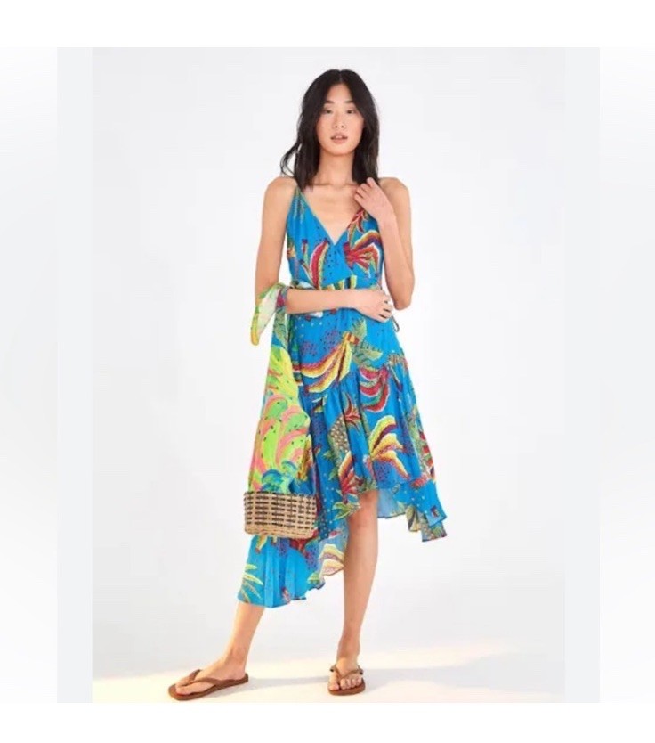 chinese dress ladies Multicolor Banana Foliage Puff Sleeve Midi Dress – FARM Rio main image 1