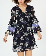 Vince Camuto SIZE 12 Navy Tiered Ruffled Sleeves Floral Dress $138 Fairy Goth