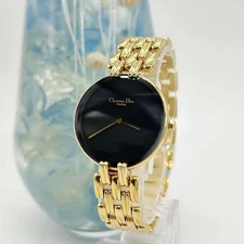 Christian Dior Baguette Black Dial Gold Plated Used Watch