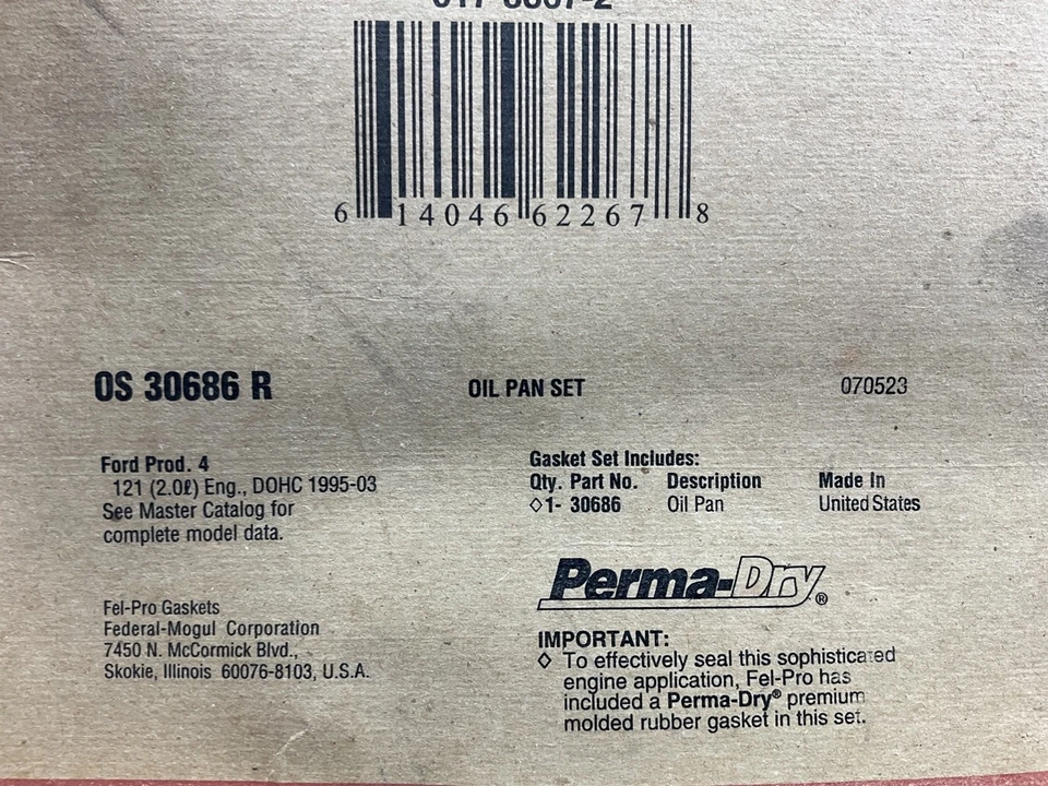 Junta de cárter de aceite del motor Fel-pro OS30686R 1998-2003 Ford Escort 2,0 L Foto 3 de 4
