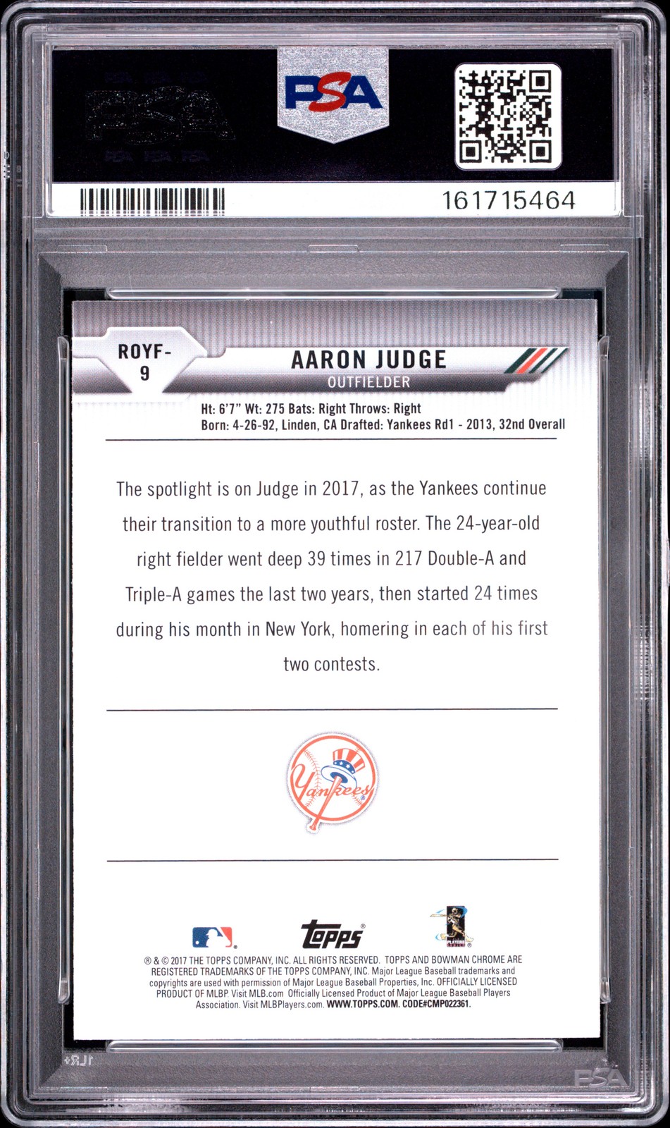 2017 BOWMAN ROOKIE OF THE YEAR ROY FAVORITES #9 AARON JUDGE ROOKIE RC PSA 10 view 2
