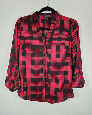 The Limited Women s XS Red/Black Plaid Collared Long Sleeve Button Woven Top