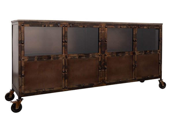 Industrial Loft Style Sideboard Mangoholz Metal Vitrine Kommode M. Rollen Braun-image