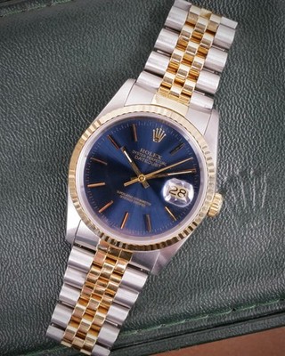 Rolex Datejust 16233 Blue dial 36mm E serial 1988 with box Excellent gold steel