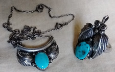 Vintage Indianerschmuck Navajo - Silber Ring + Anhänger /Kette Türkis + Blätter