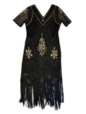 BABEYOND 4XL Black Gold Sequin Fringe Flapper Dress 1920s Gatsby Art Deco