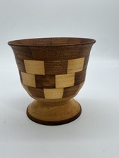 Handcrafted Wooden Pedestal Bowl Checkered Inlay  Artisan Turned Wood 5  Tall