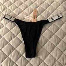 Victoria's Secret Women's Black Logo Waistband Thong Panties Size S Stretch