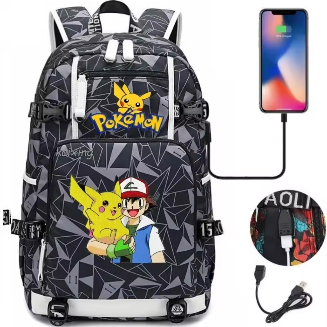 Mochila Pokémon Material Escolar Pikachu Sacha Carga USB Smartphone