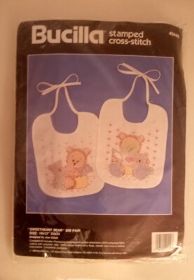1990 Buccilla stamped Cross-stitch ''Sweetheart Bear'' Bib Pair 10x12'' each 40449
