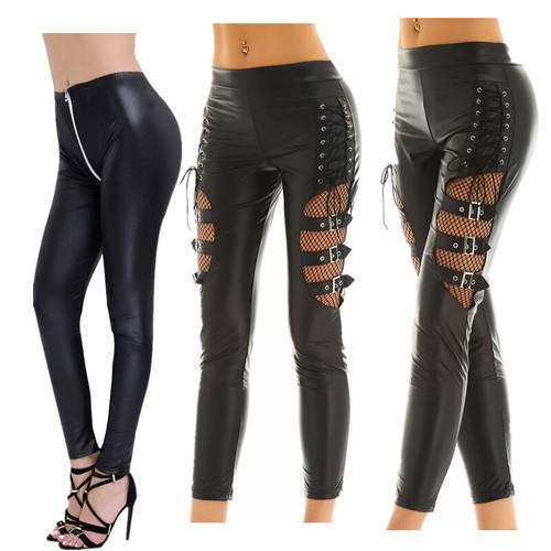 Women Faux Leather Lace Up Pants Zipper 