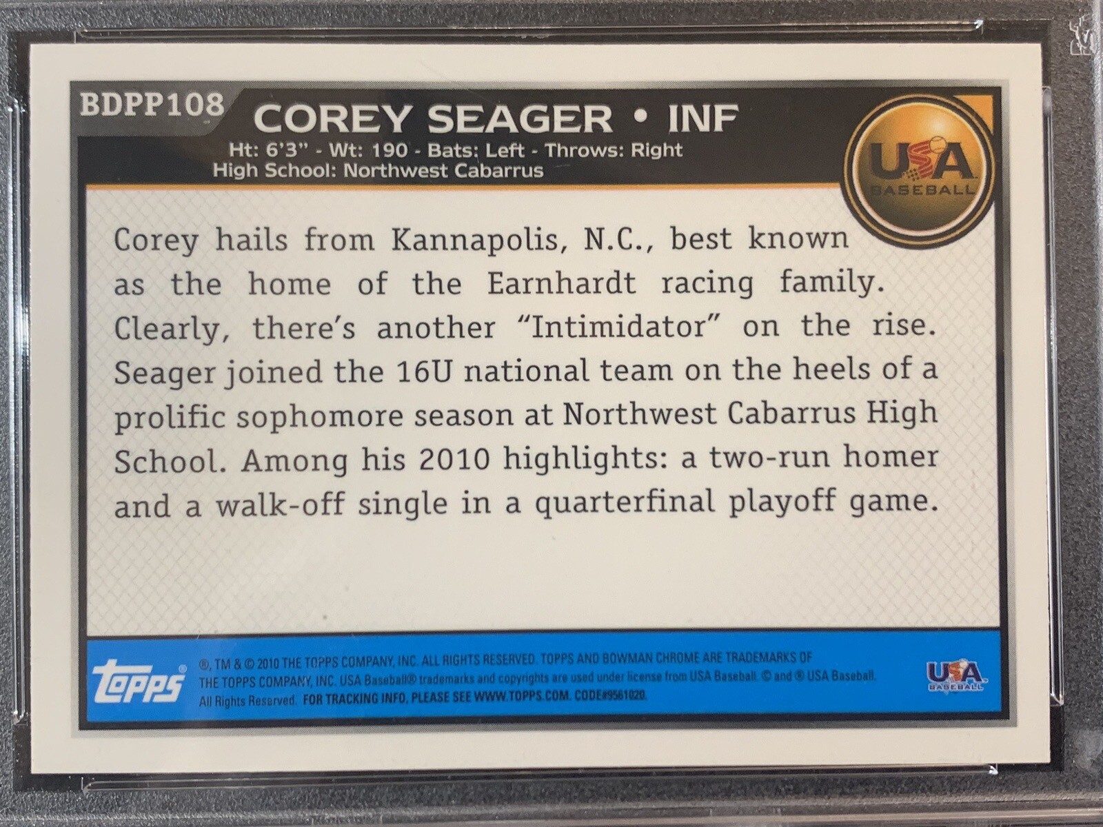 2010 BOWMAN CHROME #BDP&P108 COREY SEAGER PSA GEM MINT 10 view 9