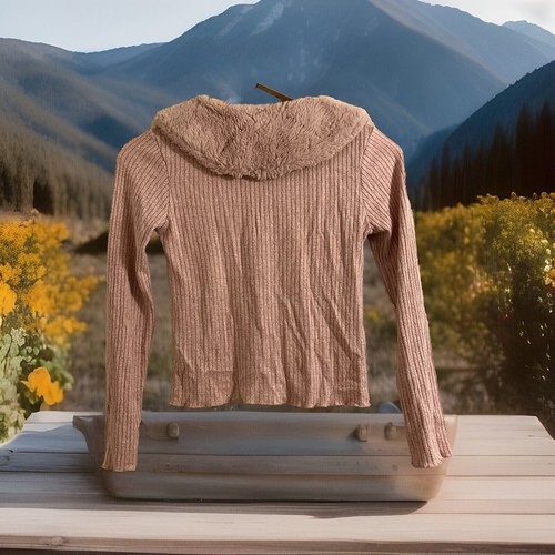 Amy Byer Cardigan Faux Fur Collar Mauve Sweater Size Medium Soft Long Slv Youth - Picture 5 of 7