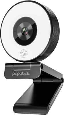 PAPALOOK 2K/1080P Webcam & Ring Light and Privacy Cover PA552 Full Black Camera