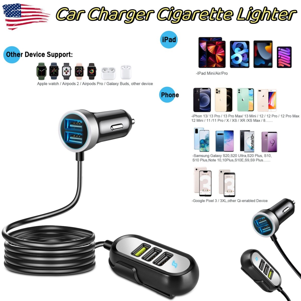 Car Charger Cigarette Lighter USB Charger Socket Phone Adapter