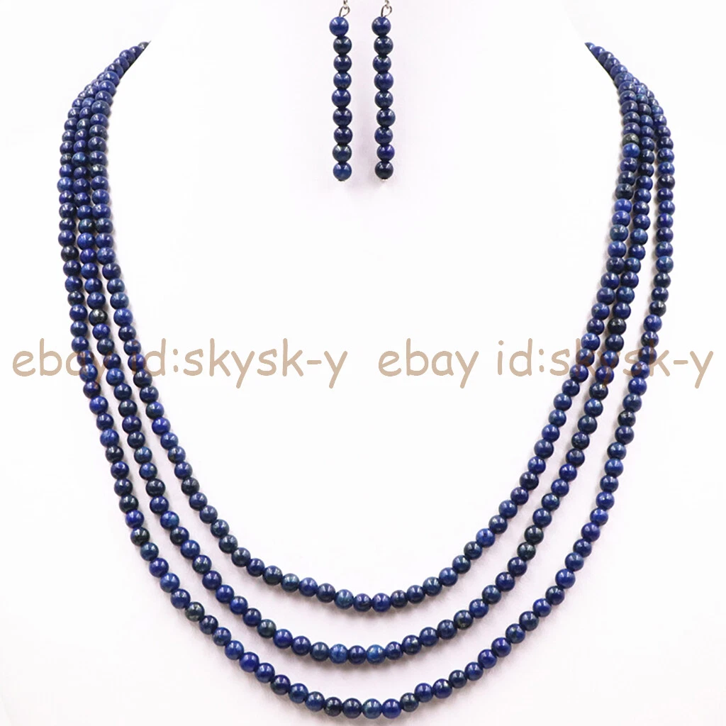 VETEMENTS Set Collana Orecchini Perline Pietra Preziosa Rotonda 3 Righe 4mm Lapislazzuli Naturale