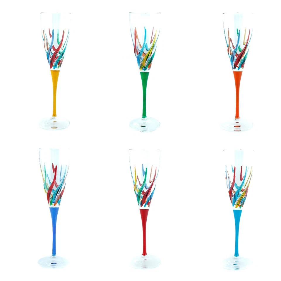 Set of Six 6 Murano Champagne Wine Glass Hand Painted Multi Mixed Stems - Image 2 of 4