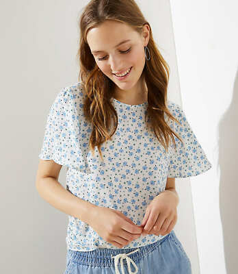 LOFT Fountain Mixed Media Tie Back Flutter Tee Whisper White New