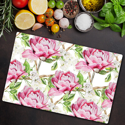 Herd-Abdeckplatte Glas Schneidebrett Ceranfeld-Abdeckung 80x52 Rosa Pfingstrosen