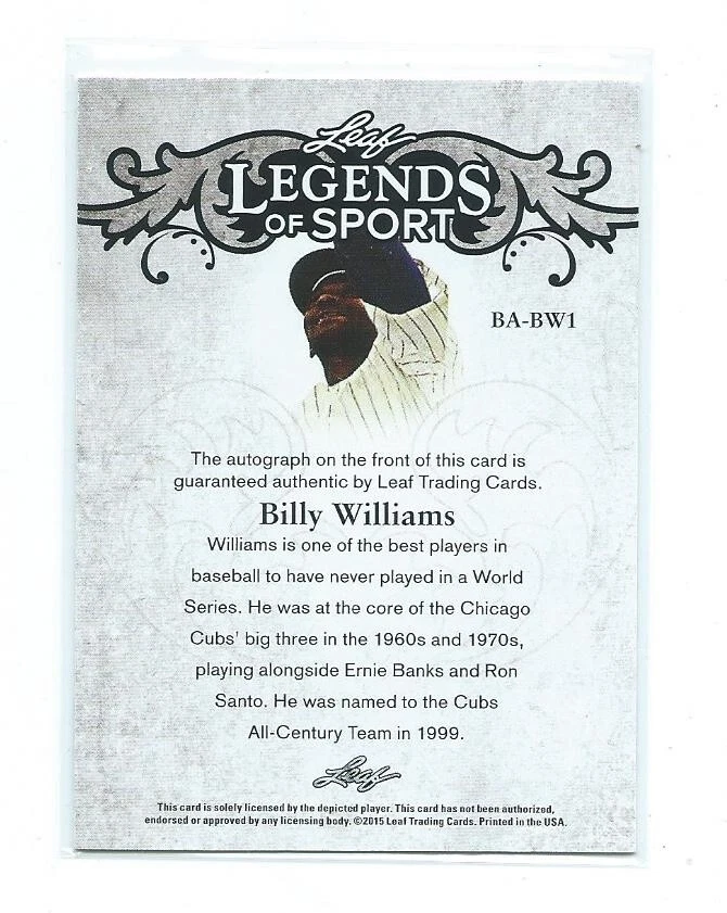 2015 Leaf Legends of Sport-Billy Williams Autograph-Chicago Cubs - Image 2 of 2