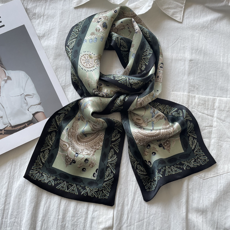 100% Silk Green Mace Print Scarf Double-Layer Ribbon 150X15cm Luxury Boutique