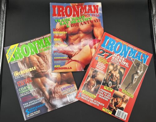 3 VTG IRON MAN Muscle Magazines, A Must Have Arnold Schwarzenegger Poster. - Foto 1 di 24