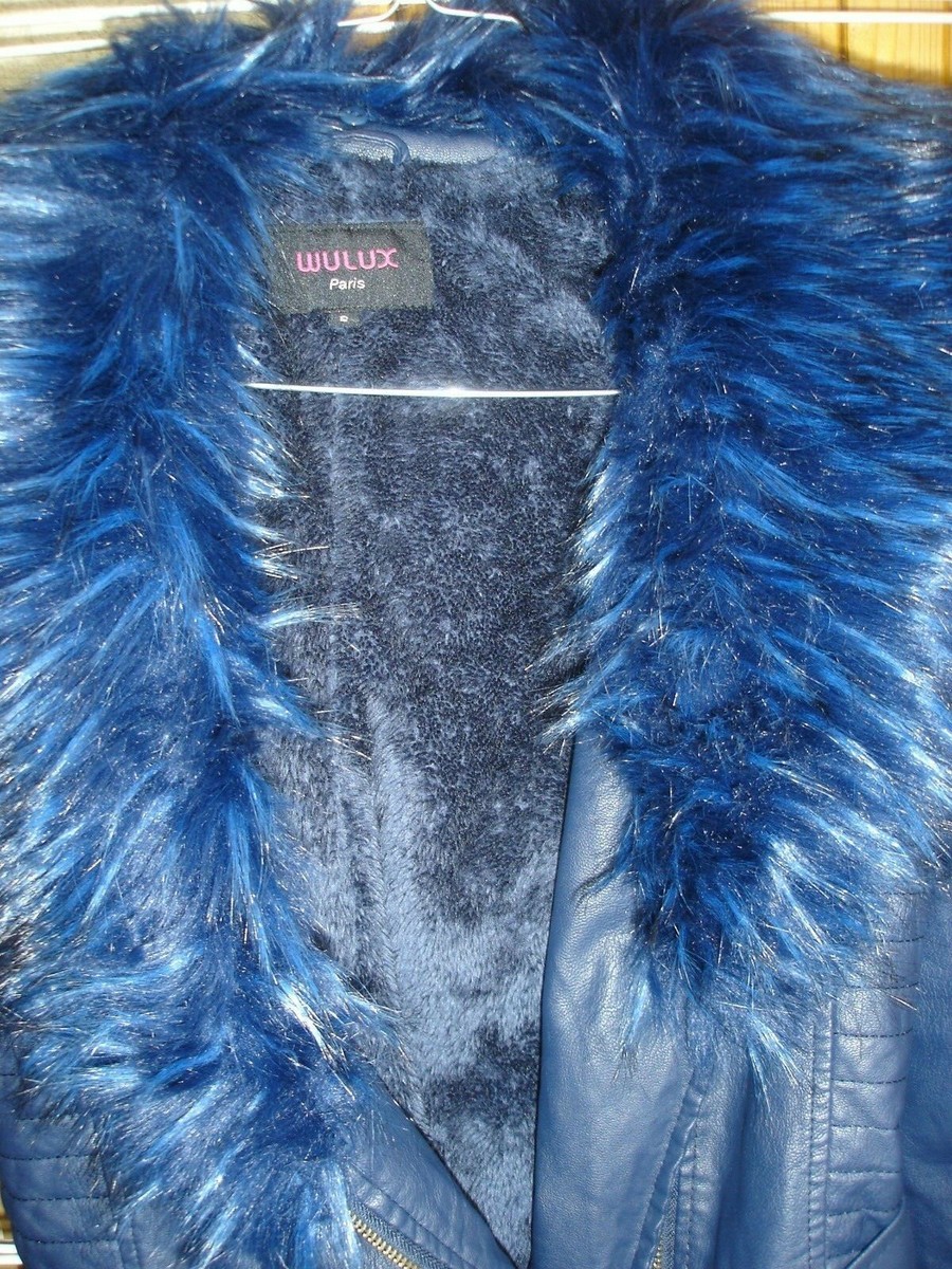 Manteau Long Bleu Simili Cuir Avec Fausse Fourrure, Taille S - Occasion Très Bon état