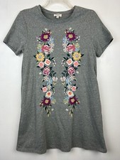 Umgee T Shirt Dress Womens M Gray Embroidered Floral T Shirt Casual Boho Hippie