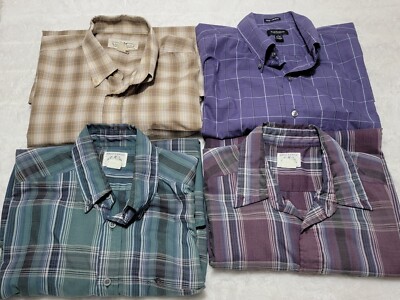 Mens Size L Lot Of 4 Plaid Long Sleeve Shirts Brittania Natural Issue Van Heusen