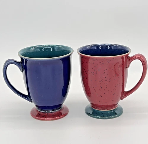 Vintage DENBY England Harlequin Speckle Glazed Footed Coffee Mugs - Set of 2