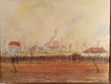 QUADRO DISEGNO A PASTELLI SU CARTA PAESAGGIO AUTUNNALE FIRMATO ANNI 80 VINTAGE