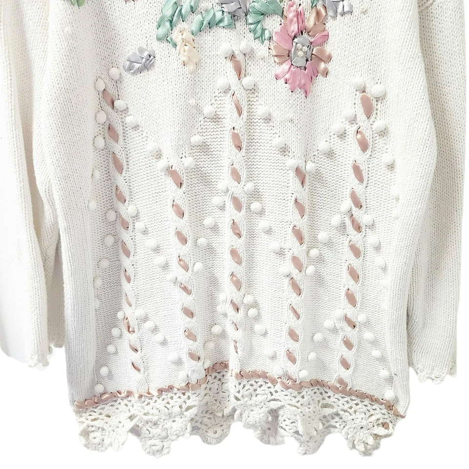 80s 90s Vintage Knit Sweater Oversized Size M/L Ribbon Embroidered Weave Pom Pom - Image 3 of 4