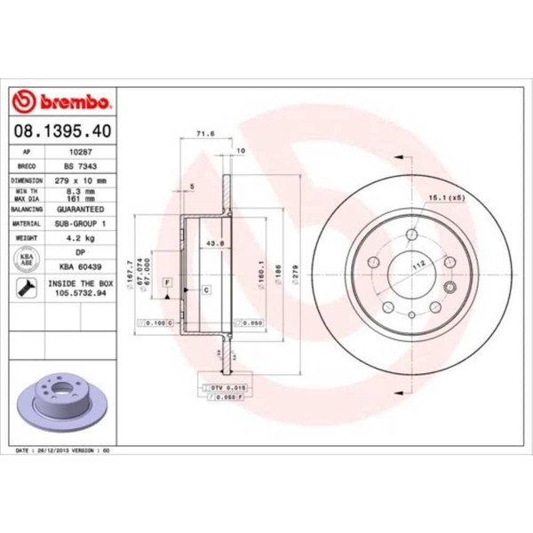 Brembo 2X Bremsscheibe Hinten 279 Voll FüR Mercedes-Benz SL R107 Saloon-image