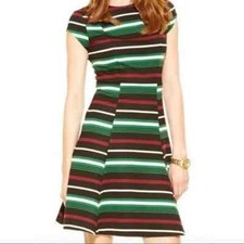 Michael Kors Green Black White Striped A-Line Short Sleeve Dress Size 8